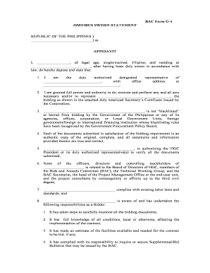 Gen 853 form - BAC Form G4 OMNIBUS SWORN STATEMENT REPUBLIC OF THE PHILIPPINES ) ) ss AFFIDAVIT I, , of legal age, single/married, Filipino, and residing at , after having been duly sworn in accordance with law, do hereby depose and state that: 1 - hgc gov