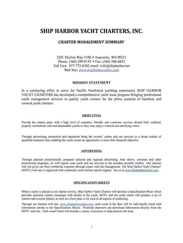 Fillable Online charter management summary Ship Harbor Yacht Charters