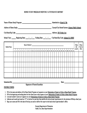 Church attendance register template - HOME STUDY PROGRAM MONTHLY ATTENDANCE REPORT - atlanta k12 ga