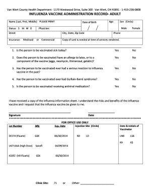 Influenza vaccine administration record- adult - Van Wert County ...