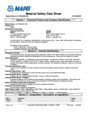 Material Safety Data Sheet Material Name: ULTRABOND 385 ID: SAH00270 * * * Section 1 Chemical Product and Company Identification * * * Material Name: ULTRABOND 385 Product Use Sealer Manufacturer Information USA and Puerto Rico MAPEI 1144