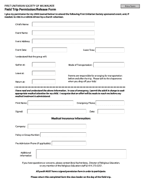 Field Trip Permission Slip - First Unitarian Society of Milwaukee - uumilwaukee