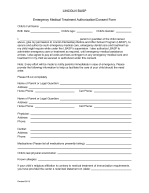 Consent for treatment template - LINCOLN BASP Emergency Medical Treatment Authorization ... - lincoln-basp