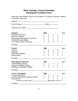 Training effectiveness evaluation format - Basic Training Awana Orientation Participant Evaluation Form - www3 awana