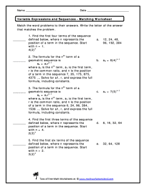 Word problems for class 1 with answers pdf - Variable Expressions and Sequences Matching Worksheet - Math ...