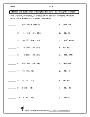 1 to 50 number names in marathi - Addition Subtraction of Complex Numbers Matching Worksheet