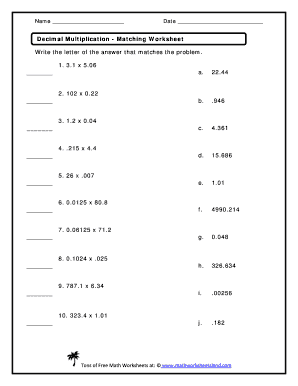 Multiplication worksheets grade 3 - Decimal Multiplication - Matching Worksheet - Math Worksheets Land