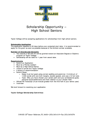 Fillable Online taylorcollege Scholarship Opportunity High School ...