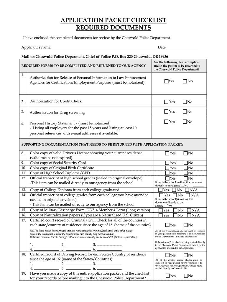 Fillable Online cheswold delaware Police Application Town of Cheswold