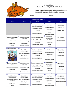 October 2015 Lunch School Calendar - St Mary Elementary School - stmaryschoolri