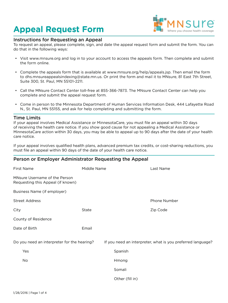 Fillable Online BAppealsb Request Form - MNsure Fax Email Print - pdfFiller