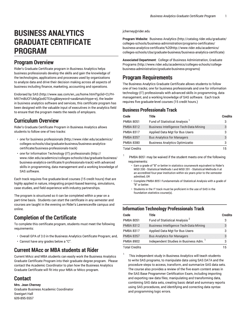 Fillable Online Business Analytics Graduate Certificate Program1 Fax