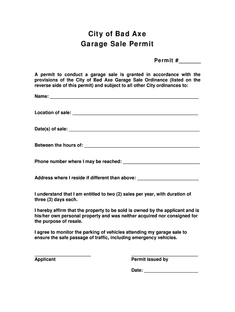 Fillable Online Garage Sale Permit City of Bad Axe Fax Email Print