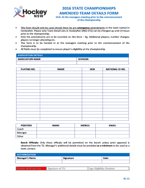 2016 STATE CHAMPIONSHIPS AMENDED TEAM DETAILS FORM