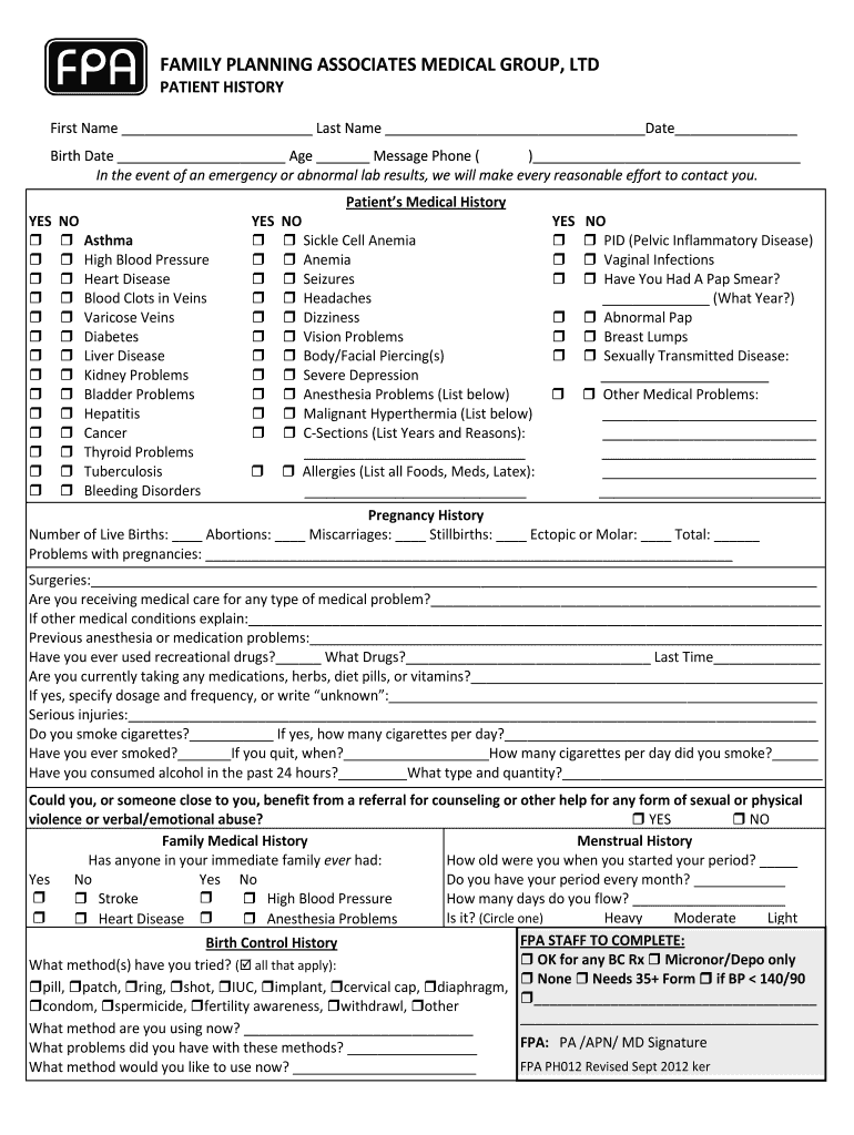 Fillable Online Medical History Form Family Planning Associates