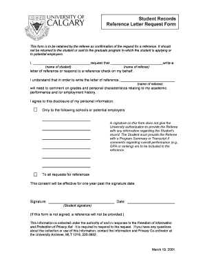 Student Records Reference Letter Request Form - psychology ucalgary