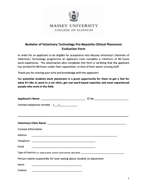 Work placement evaluation form for BVetTech entry - science massey ac