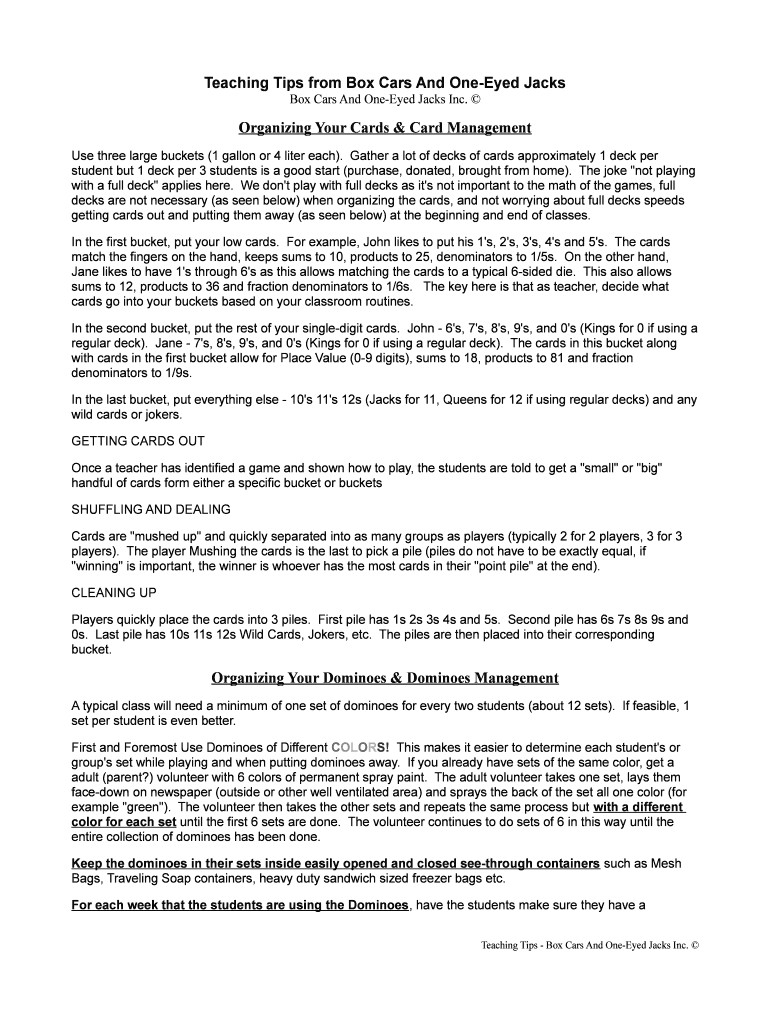 Fillable Online Teaching Tips from Box Cars And OneEyed Jacks Fax