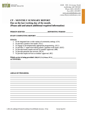 CP MONTHLY SUMMARY REPORT Due on the last working day of