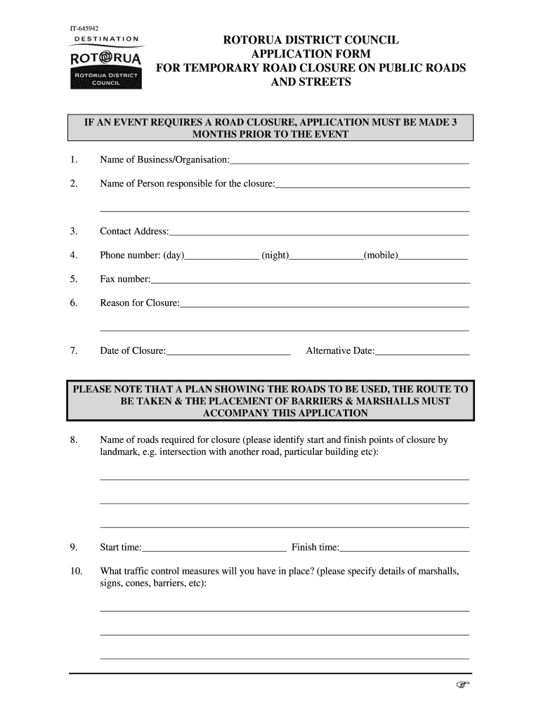 Fillable Online Application Form Temporary Road Closure Public