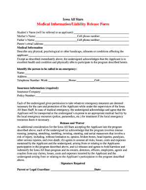 Iowa All Stars Medical InformationLiability Release Form