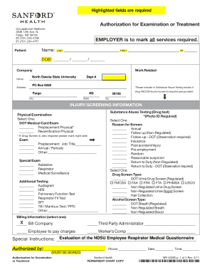 Authorization for Examination or Treatment EMPLOYER is to mark bb - ndsu