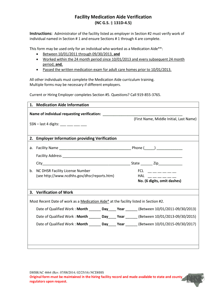Fillable Online Facility Medication Aide Verification NC Department