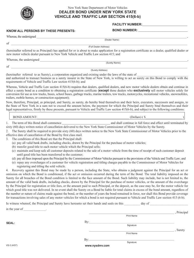 Fillable Online New York Auto Dealer Surety Bond Form Fax Email Print