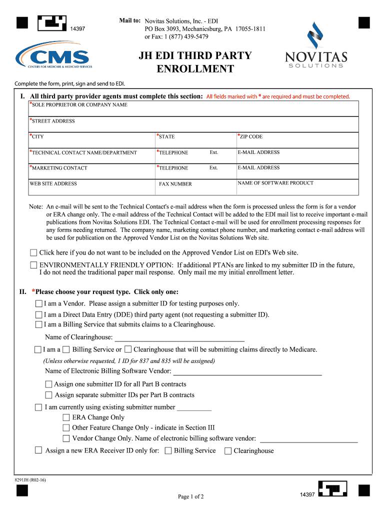 EDI 8291JH Vendor Agreement Enrolling EDI Vendors Clearinghouses or Billing services for Medicare EDI new contracts Preview on Page 1