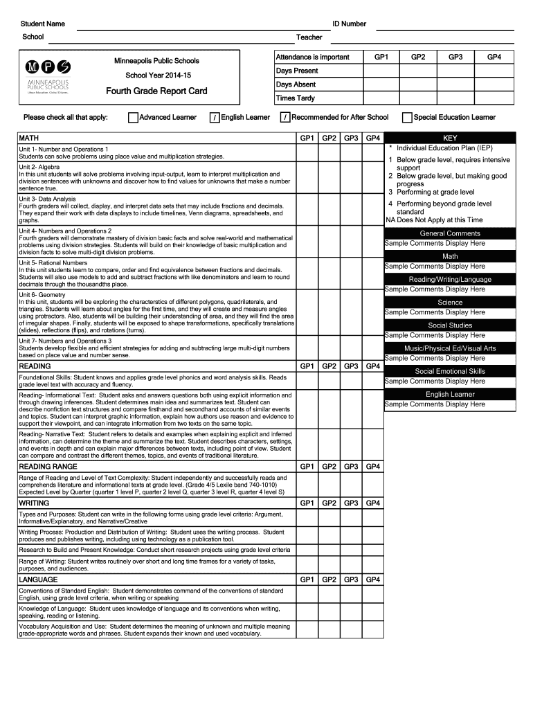 Fillable Online Fourth Grade Report Card Fax Email Print - pdfFiller