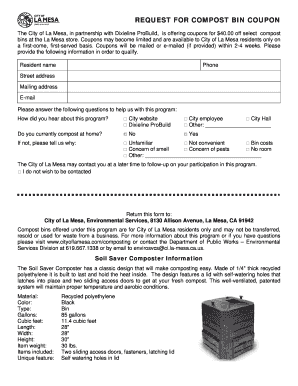 REQUEST FOR COMPOST BIN COUPON The City of La Mesa, in partnership with Dixieline ProBuild, is offering coupons for $40