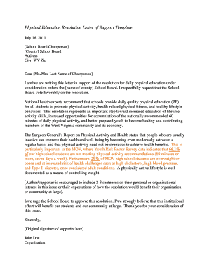 Physical Education Resolution Letter of Support Template