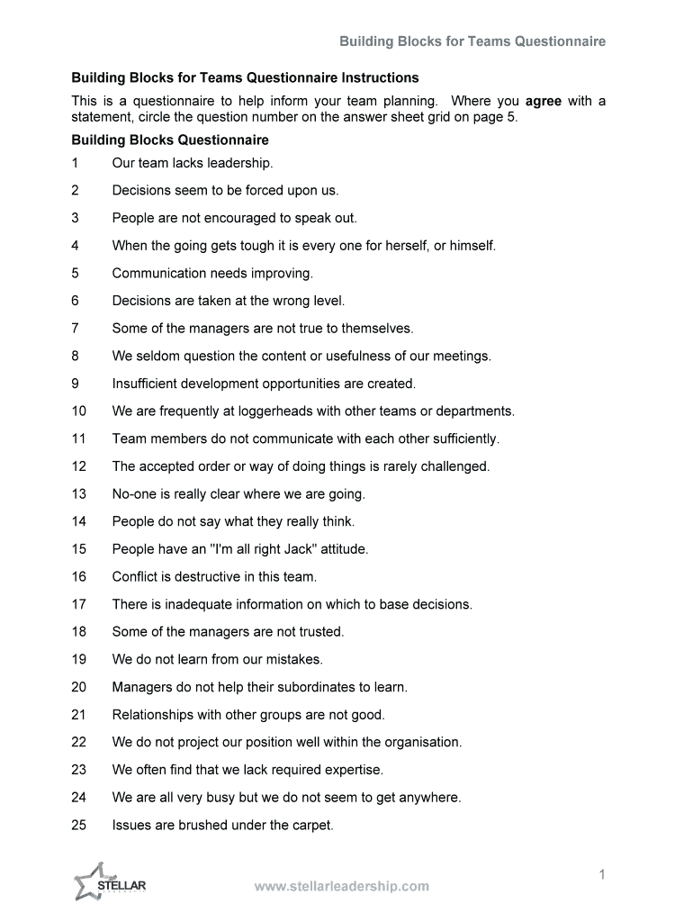 Fillable Online Building Blocks for Teams Questionnaire Instructions