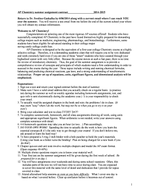 AP Chemistry summer assignment contract 2014-2015 over the