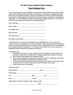The Ben Vereen Student Health Initiative Talent Release Form