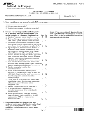 Fillable Online APPLICATION FOr LIFE INsurANCE PArT II EMC NATIONAL ...