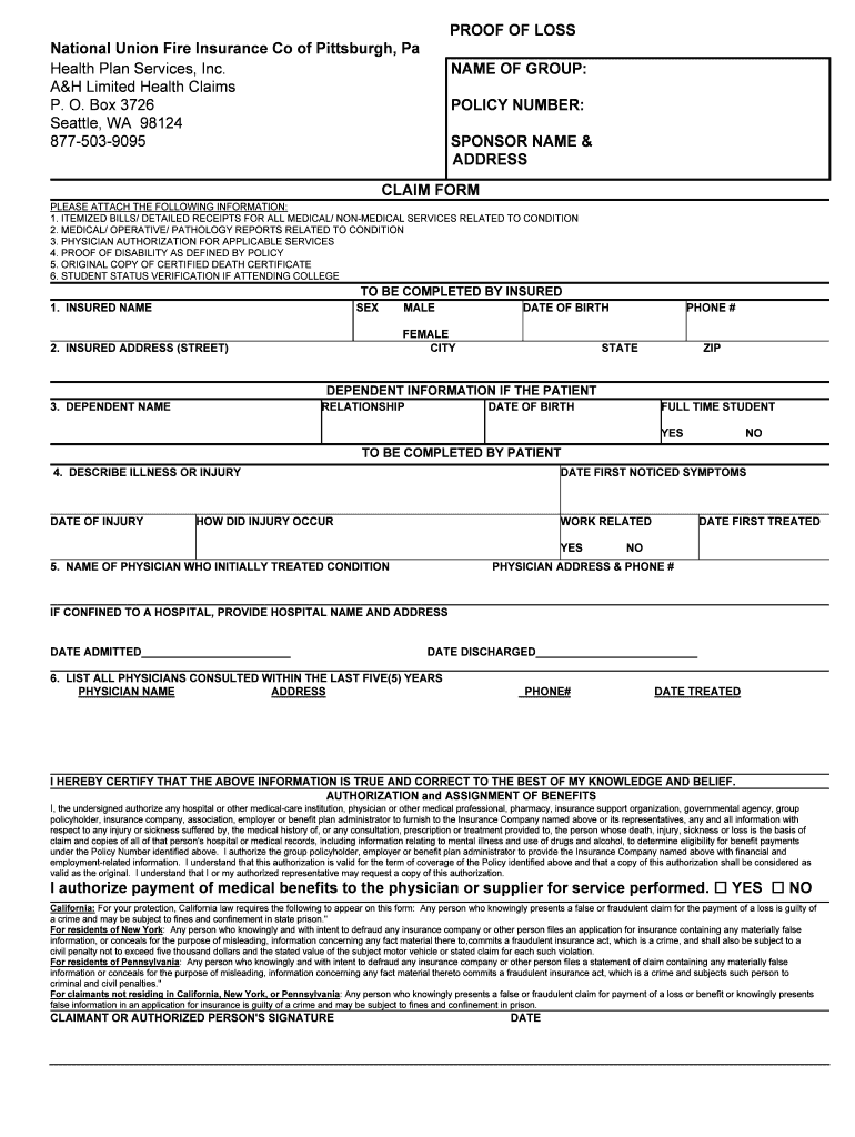 Fillable Online PROOF OF LOSS National Union Fire Insurance Co of