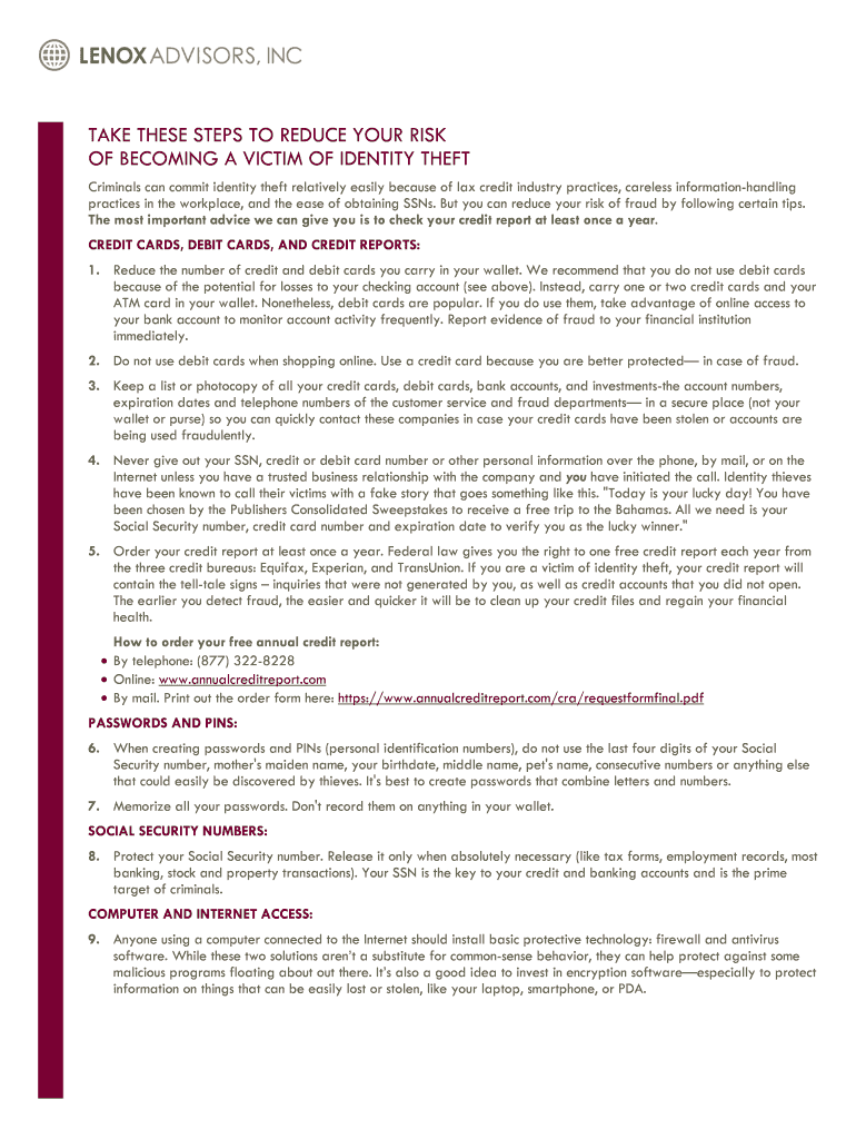 Fillable Online TAKE THESE STEPS TO REDUCE YOUR RISK Fax Email Print ...