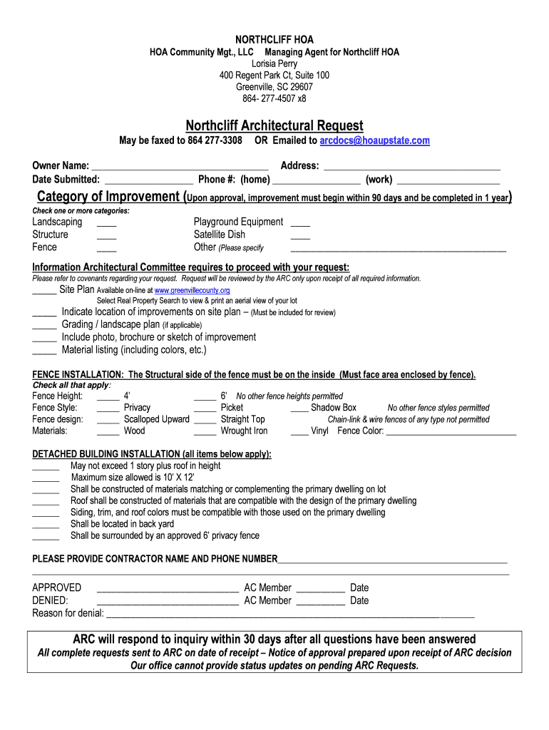 Fillable Online Northcliff Architectural Request HOA COMMUNITY MGT