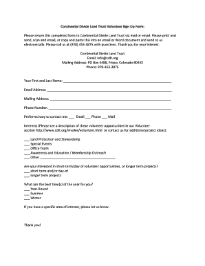 Continental Divide Land Trust Volunteer Sign Up Form - cdlt