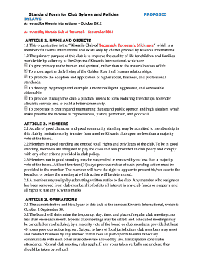 Standard Form for Club Bylaws and Policies PROPOSED BYLAWS - tecumsehkiwanis