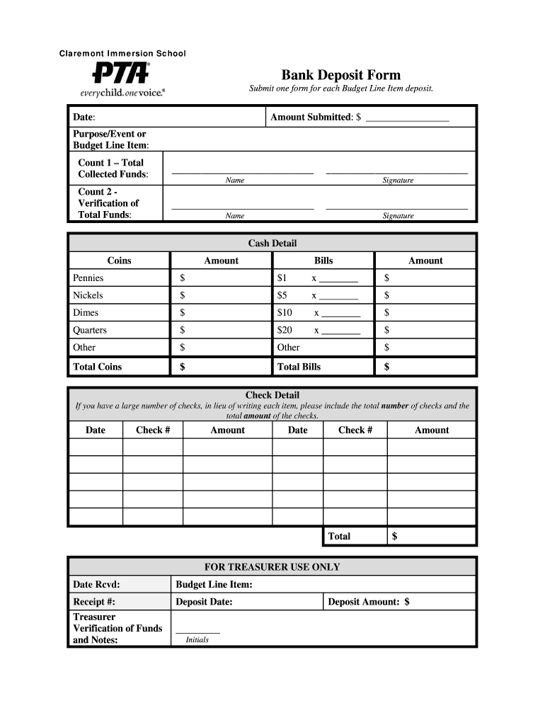 Fillable Online claremontpta Claremont Immersion School Bank Deposit