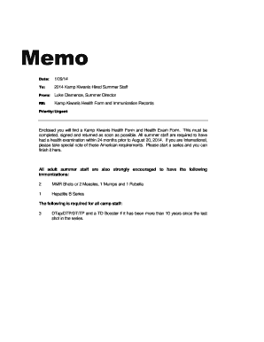 Bacterial meningitis immunization certificate - Memo American Camping Association Green Health Form and Immunization Records - kampkiwanis