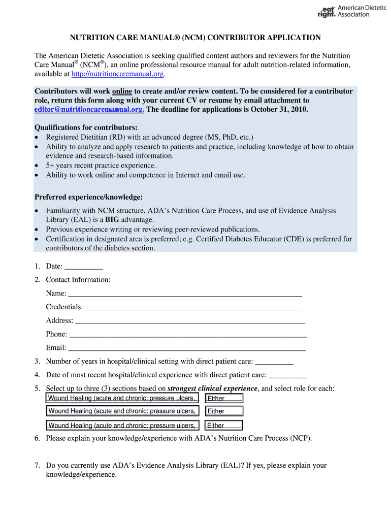 Fillable Online NUTRITION CARE MANUAL NCM CONTRIBUTOR APPLICATION Fax