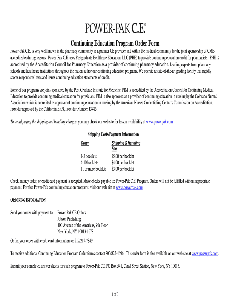 Fillable Online Continuing Education Program Order Form PowerPak CE
