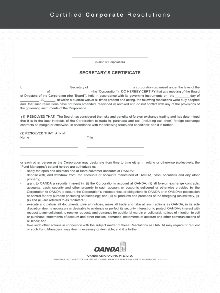 Fillable Online oanda Certified Corporate Resolutions - bOANDAb - oanda ...