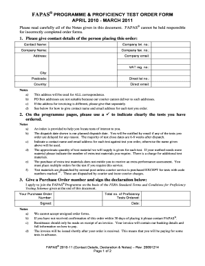 FAPAS PROGRAMME amp PROFICIENCY TEST ORDER FORM APRIL 2010
