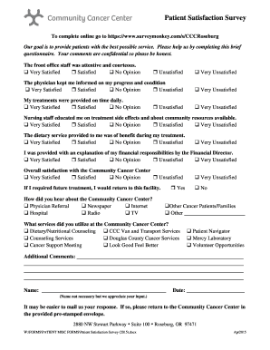 Patient satisfaction survey template nhs - Patient forms - Community Cancer Center - cccroseburg