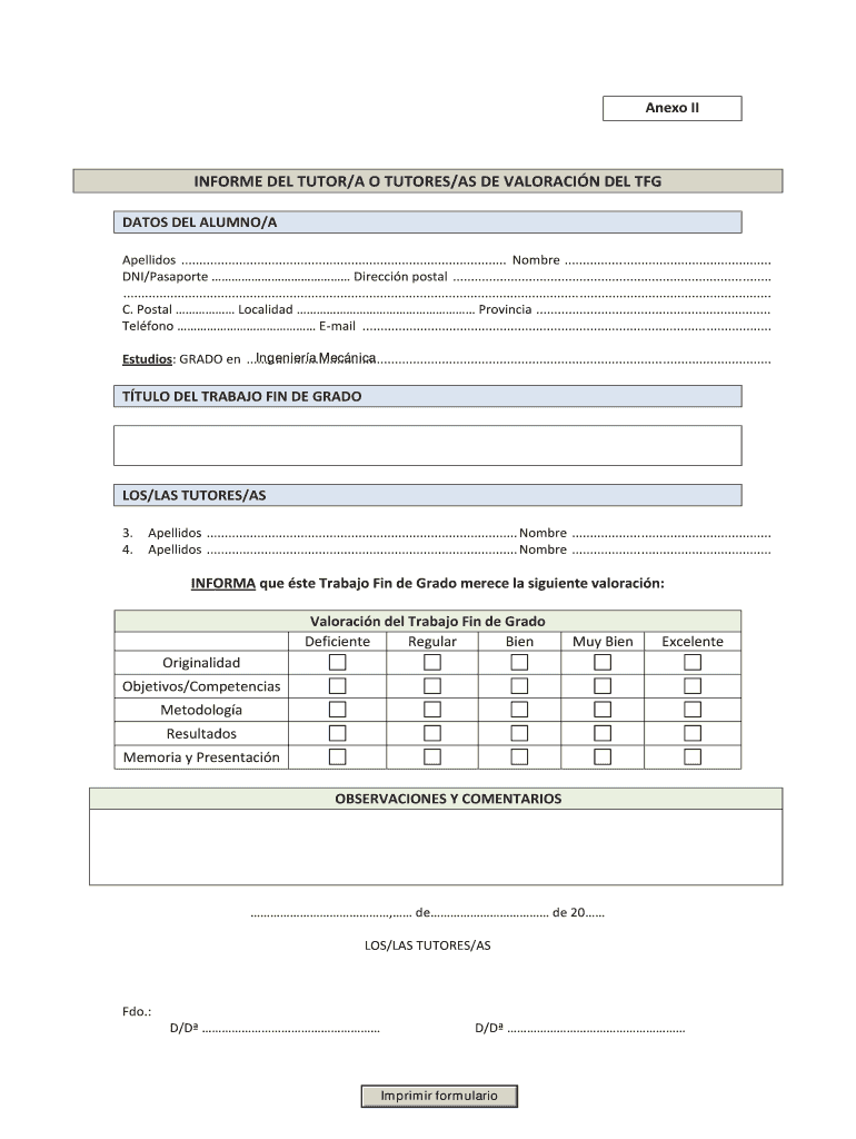 INFORME DEL TUTORA O TUTORESAS DE VALORACIN DEL TFG Vista previa en la página 1