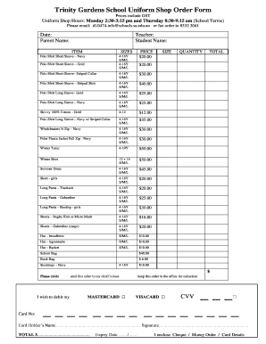 Fillable Online Trinity Gardens School Uniform Shop Order Form Fax ...